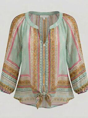 Vintage Style Pastel Boho Tie Front Blouse Mint & Pink Floral Panel